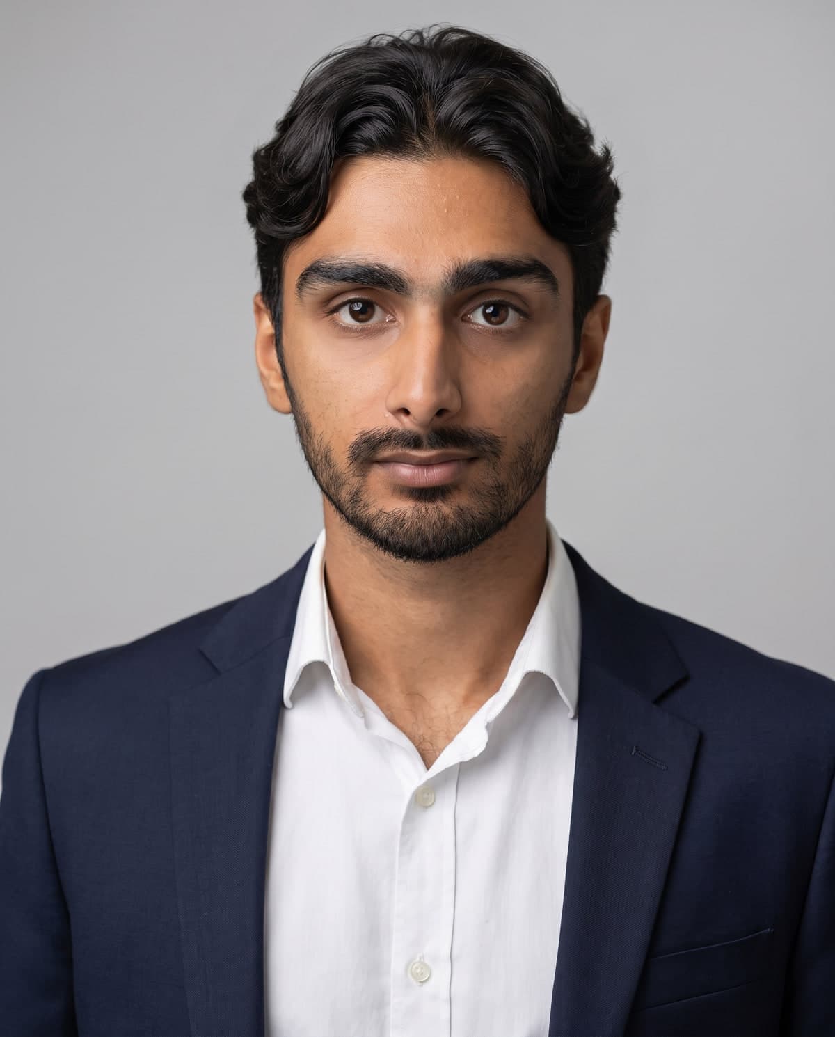 Raj Dhillon, founder of Numen, in a navy jacket and open-collar white shirt against a plain grey background