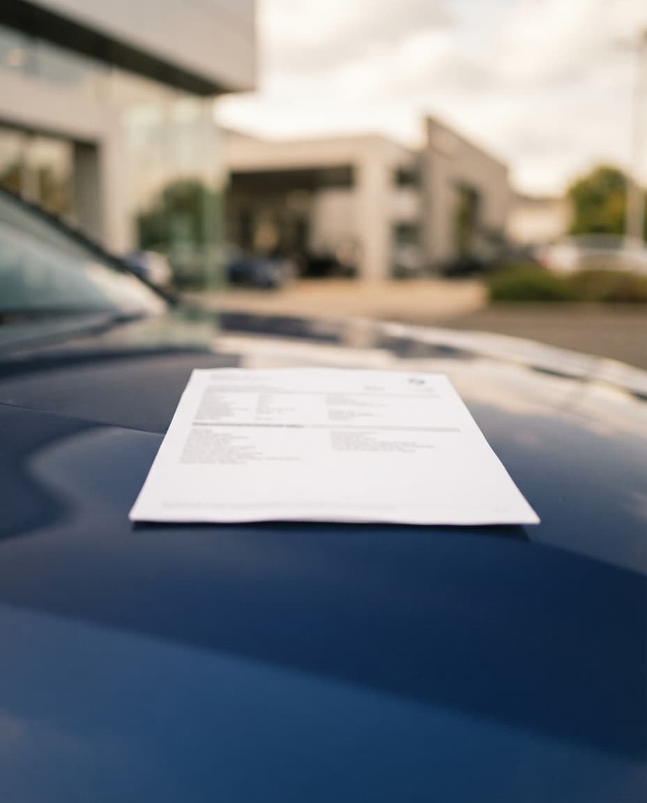 A buying spec laid out on a car bonnet outside the dealership
