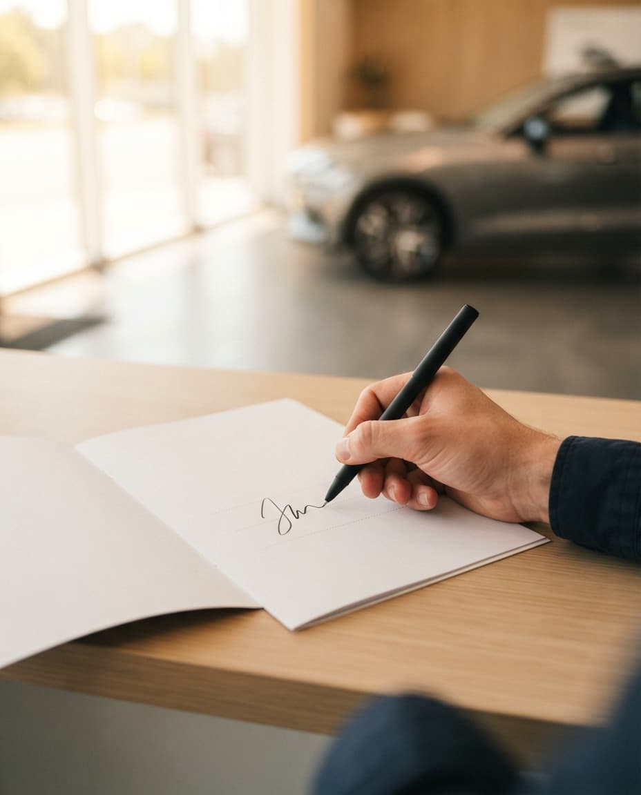 A handover folder being signed on the showroom counter
