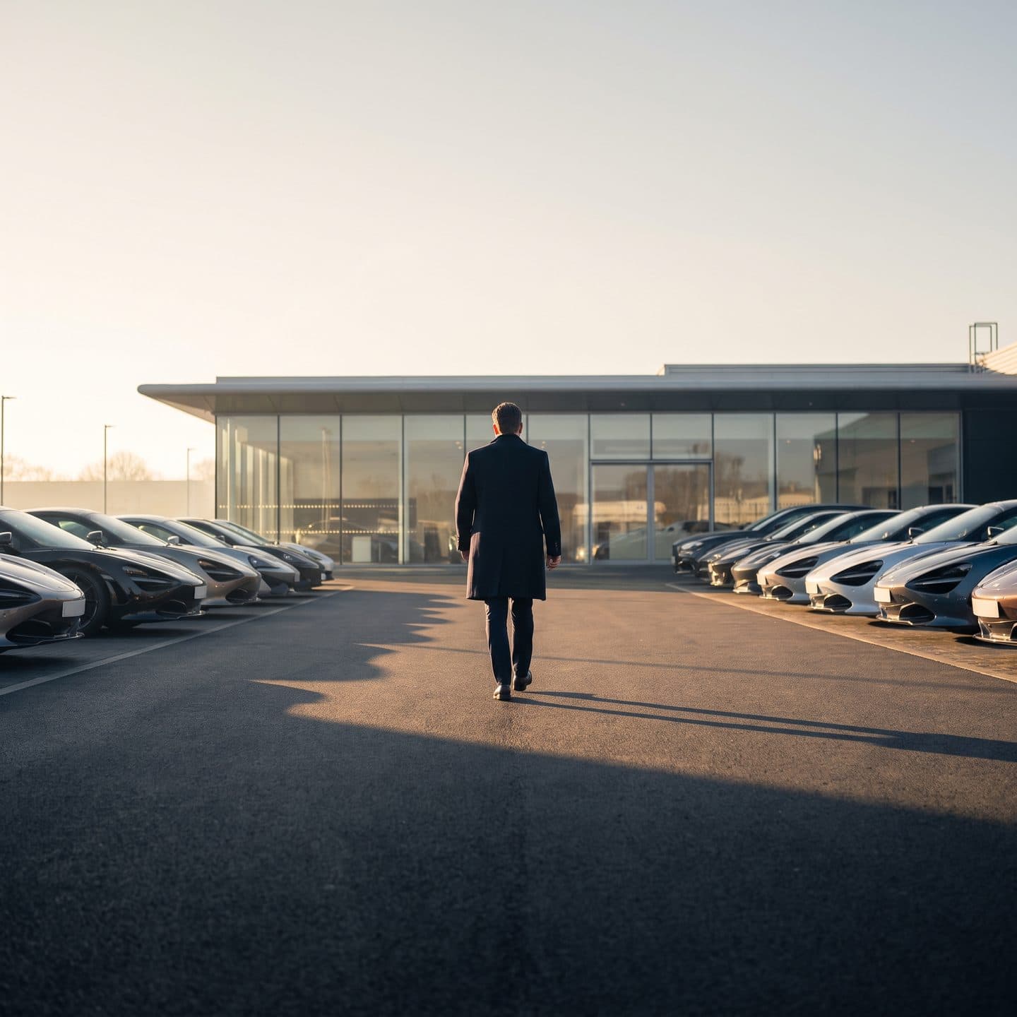 A dealer in an overcoat walking alone across a forecourt at first light, rows of sports cars angled either side of him